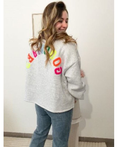 Sweat oversize gris clair avec inscription GOOD VIBES multicolore – Style casual et fun