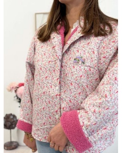 Veste bouclette réversible rose fleurie