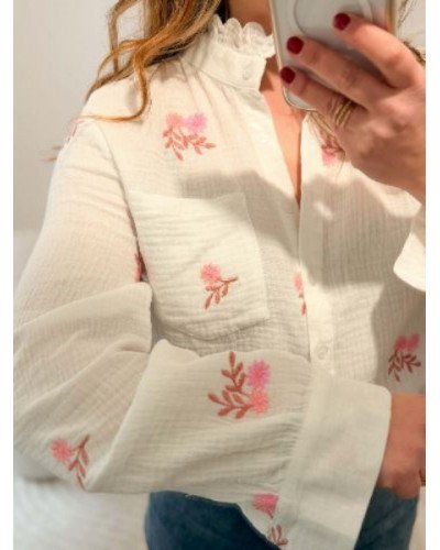 Chemise gaze blanche - Fleurs roses