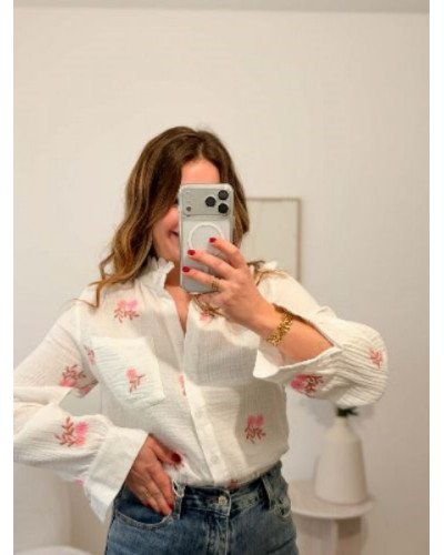 Chemise gaze blanche - Fleurs roses