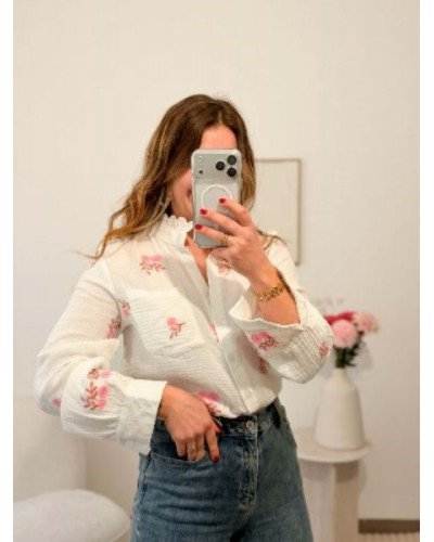Chemise gaze blanche - Fleurs roses