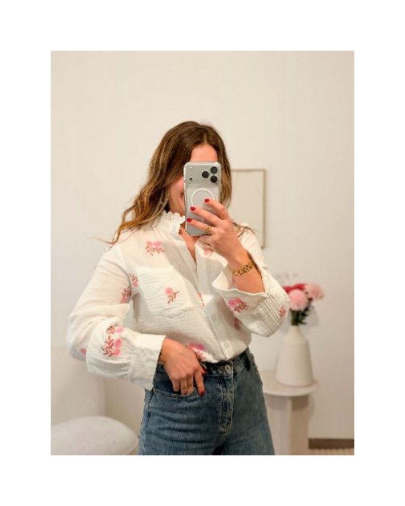 Chemise gaze blanche - Fleurs roses