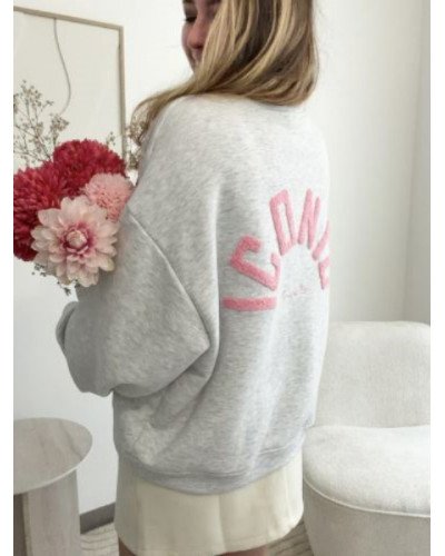 Sweat gris clair ICONIC – Broderie en relief rose pâle, style moderne