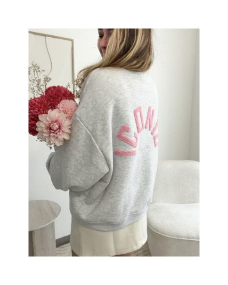 Sweat gris clair ICONIC – Broderie en relief rose pâle, style moderne