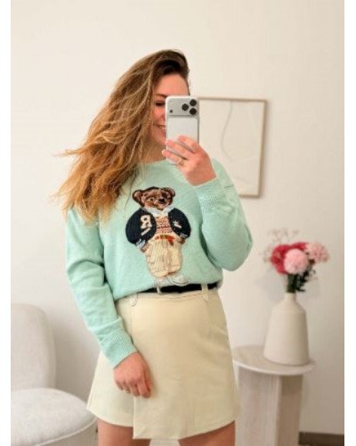 Pull bleu ciel vert menthe avec nounours – douceur & style