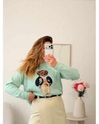 Pull bleu ciel vert menthe avec nounours – douceur & style