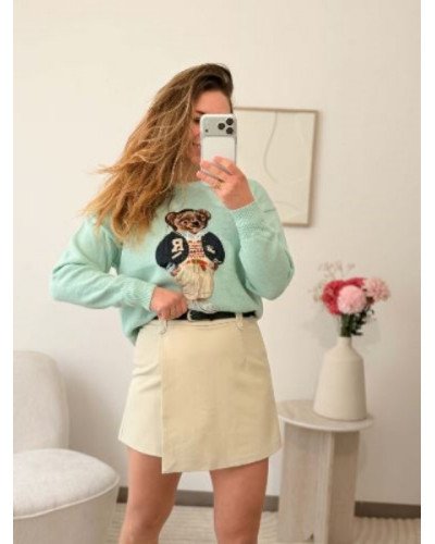 Pull bleu ciel vert menthe avec nounours – douceur & style