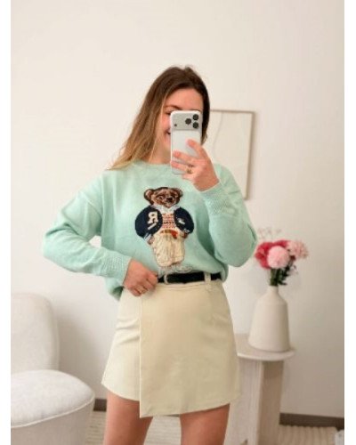 Pull bleu ciel vert menthe avec nounours – douceur & style