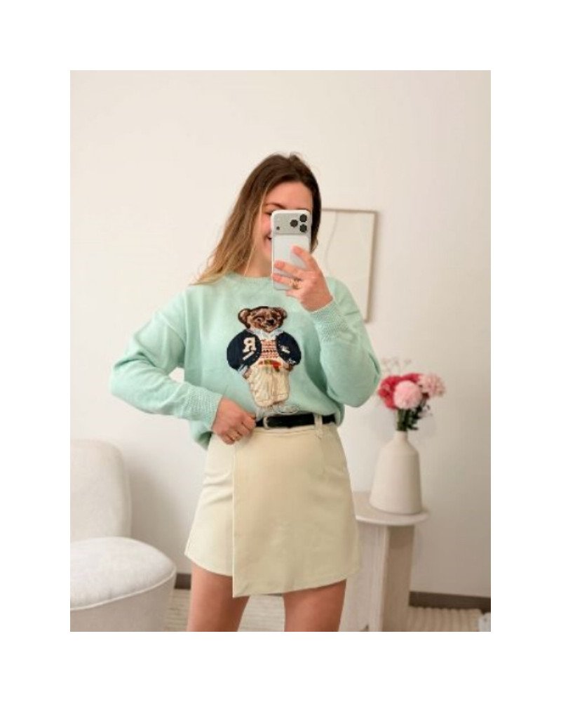 Pull bleu ciel vert menthe avec nounours – douceur & style