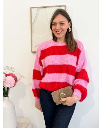 Pull rayures - Rose et rouge