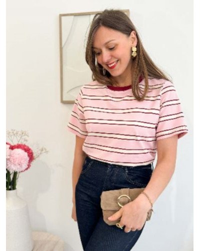 Top à rayures - Rose et bordeau 