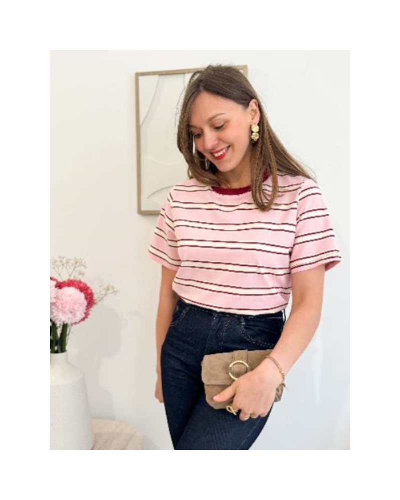 Top à rayures - Rose et bordeau 