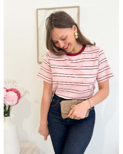 Top à rayures - Rose et bordeau 