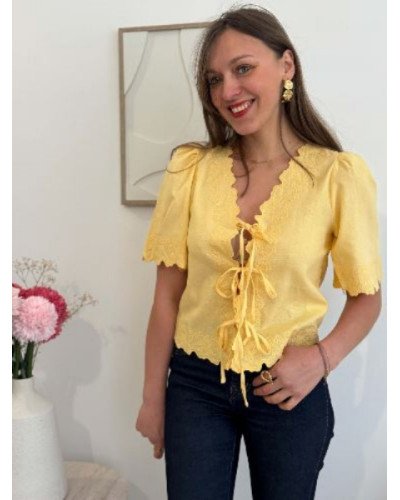 Blouse en lin broderie à nouer - Jaune