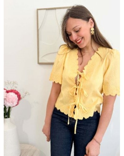Blouse en lin broderie à nouer - Jaune