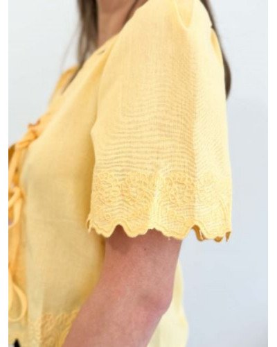 Blouse en lin broderie à nouer - Jaune