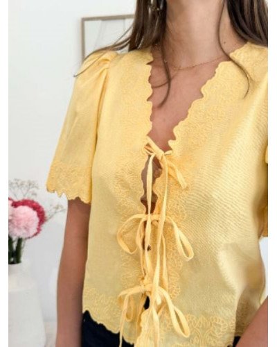 Blouse en lin broderie à nouer - Jaune