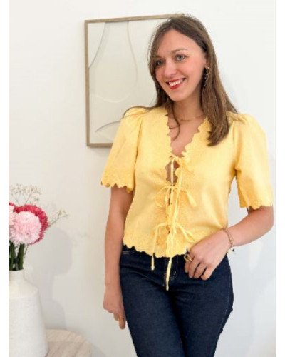 Blouse en lin broderie à nouer - Jaune