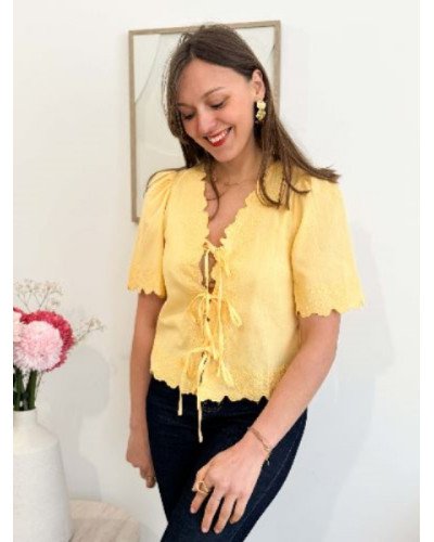 Blouse en lin broderie à nouer - Jaune
