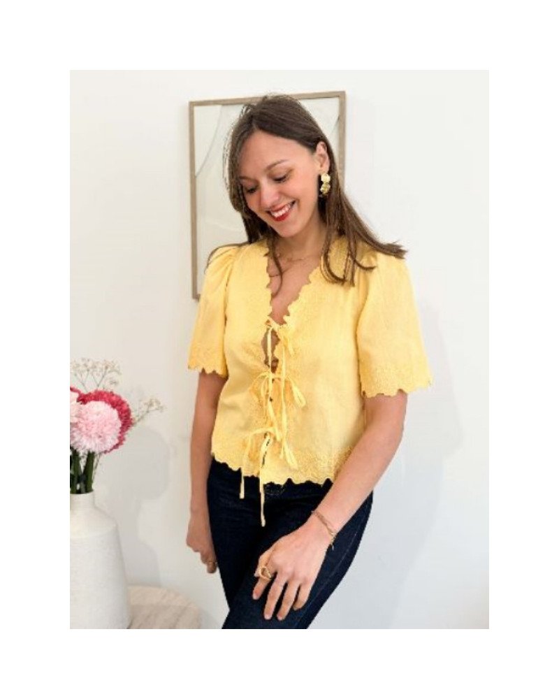 Blouse en lin broderie à nouer - Jaune