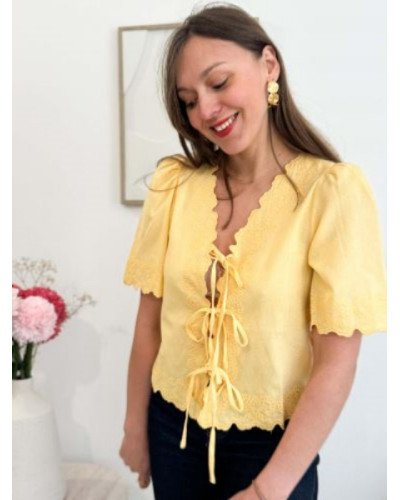 Blouse en lin broderie à nouer - Jaune