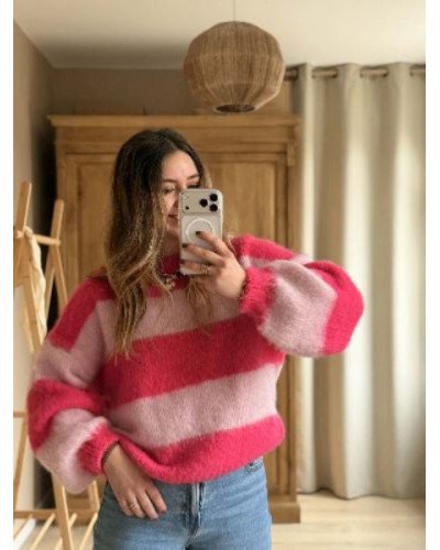 Pull à rayures - Rose fushia et baby