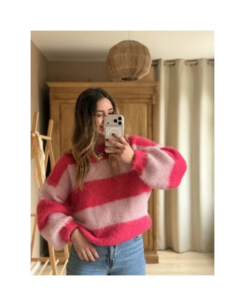 Pull à rayures - Rose fushia et baby