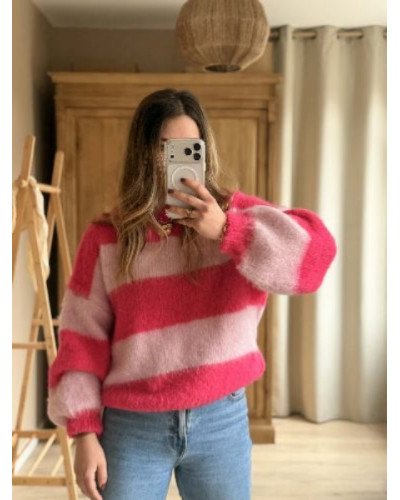 Pull à rayures - Rose fushia et baby