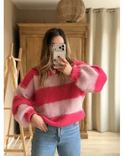 Pull à rayures - Rose fushia et baby