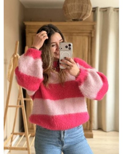 Pull à rayures - Rose fushia et baby