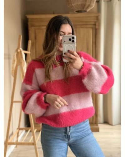 Pull à rayures - Rose fushia et baby