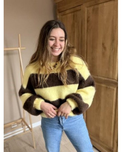 Pull rayé marron jaune