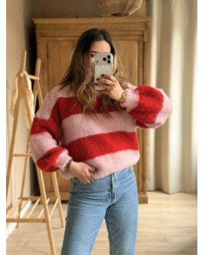 Pull rayures - Rose et rouge