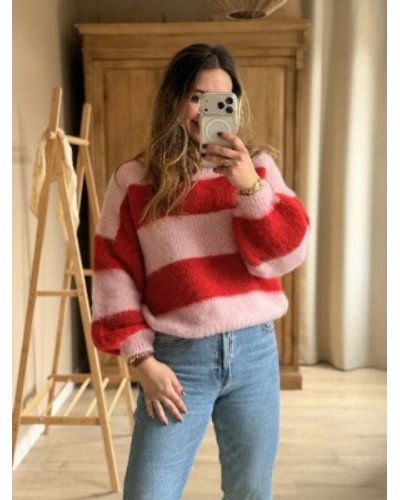 Pull rayures - Rose et rouge