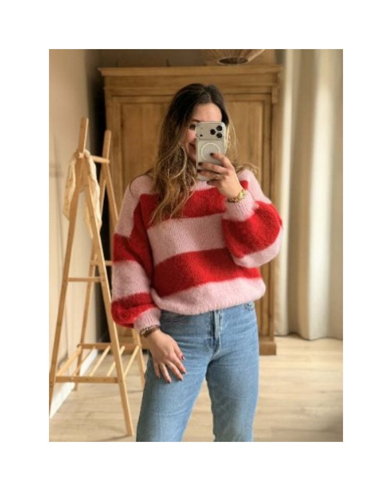 Pull rayures - Rose et rouge