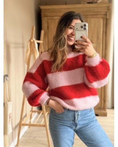 Pull rayures - Rose et rouge