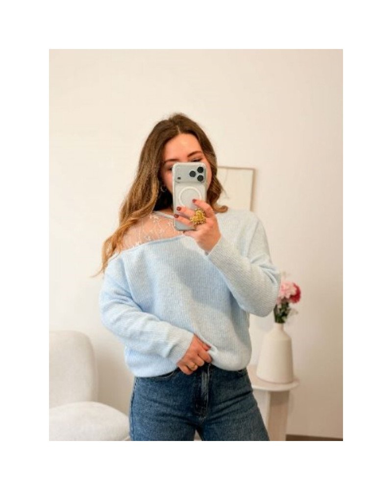 Pull bleu ciel - Epaule dentelle