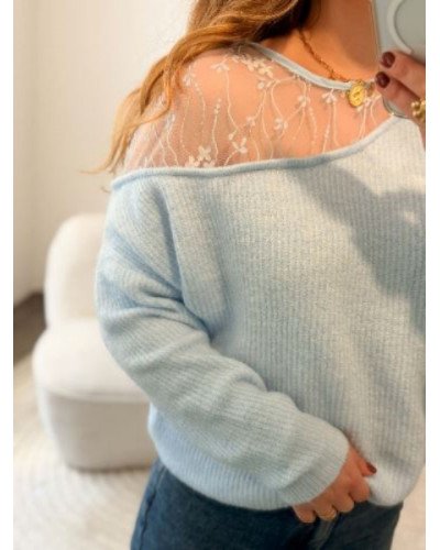 Pull bleu ciel - Epaule dentelle