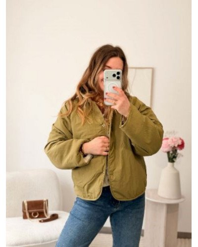 Veste réversible bouclette fleurie - Kaki