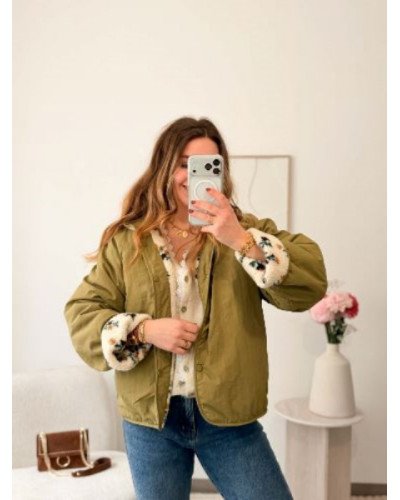Veste réversible bouclette fleurie - Kaki