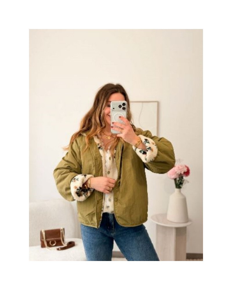 Veste réversible bouclette fleurie - Kaki