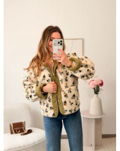 Veste réversible bouclette fleurie - Kaki