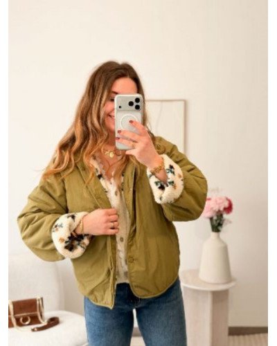 Veste réversible bouclette fleurie - Kaki