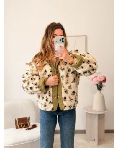 Veste réversible bouclette fleurie - Kaki