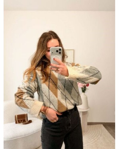 Pull à carreaux - Beige