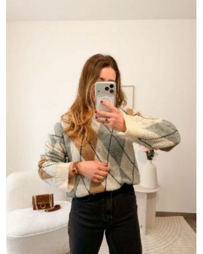 Pull à carreaux - Beige