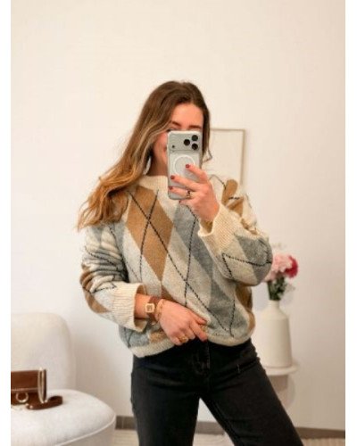 Pull à carreaux - Beige