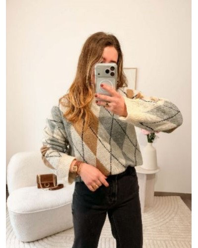 Pull à carreaux - Beige