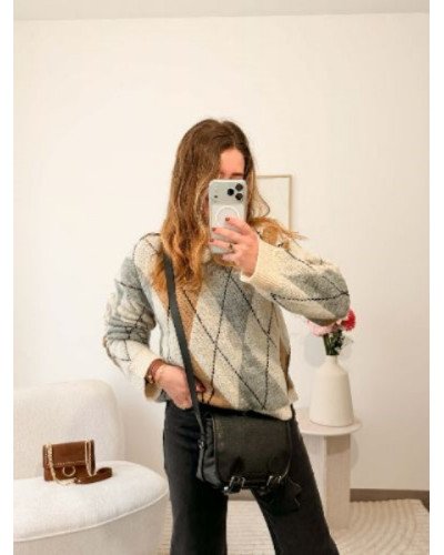 Pull à carreaux - Beige