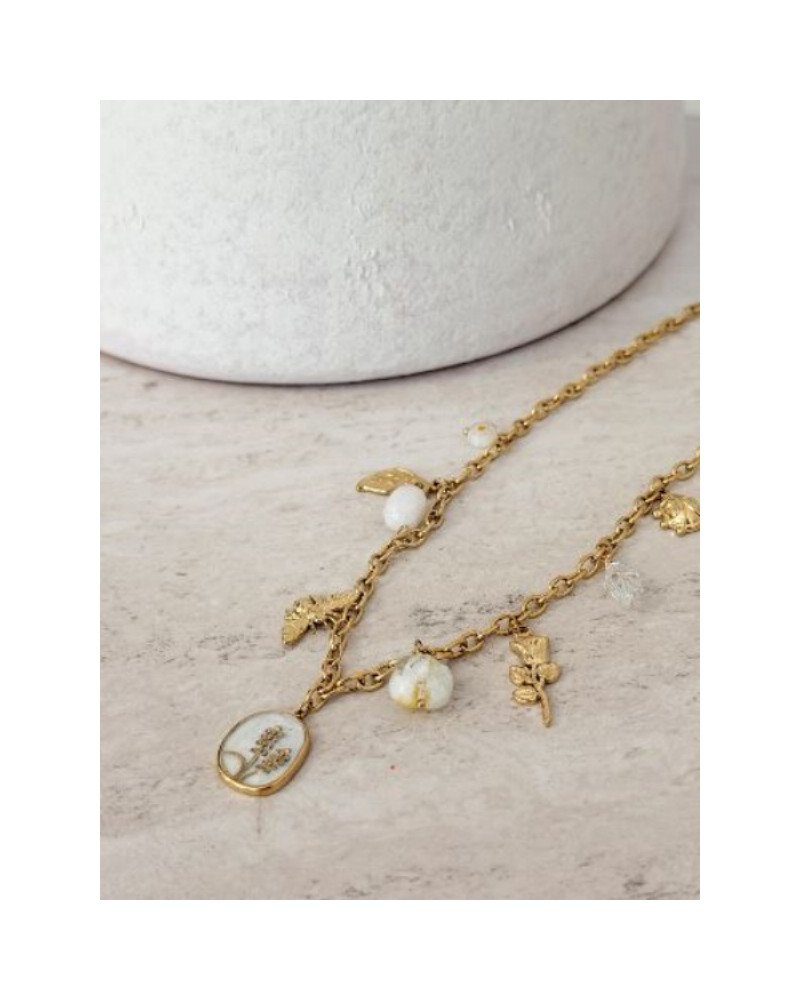 Collier à pampilles blanc et doré